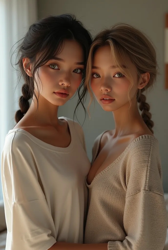 (ultra realistic texture details), ((realistic skin)), ((natural skin)), ((real girls)) two realistic girls in love, one asian with  green eyes, two messy braids and an oversized T-shirt, and the other girl tall with fair skin, messy light brown hair, blue...