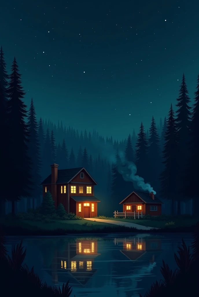 Create an image of a school at night and a cabin c