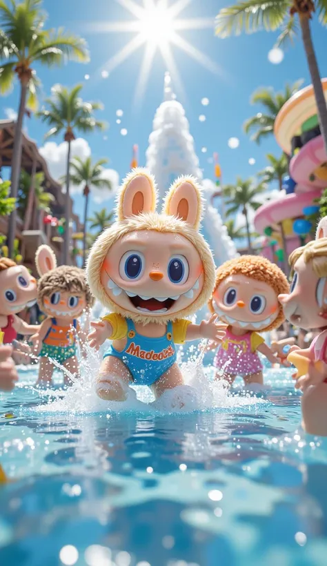 A cheerful scene at a water park, featuring Labubu and friends wearing swimsuits with "MADECI" printed on them. They are excited, splashing water, and smiling under a bright blue sky.