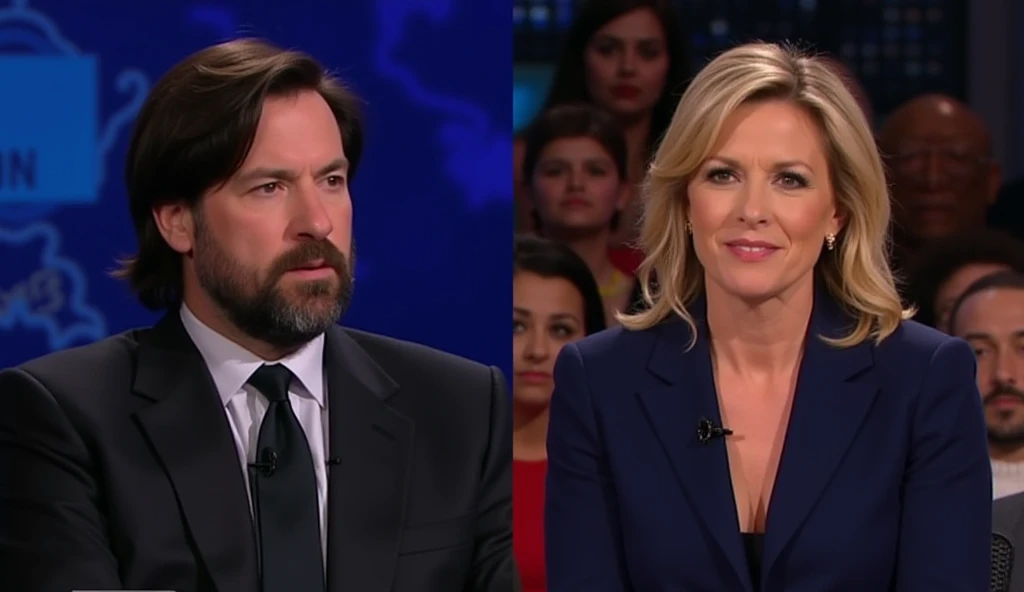 "A professional television debate setting with a well-lit studio and a blurred audience in the background. A serious-looking man with shoulder-length dark hair, a beard, and a black suit sits on the left, while a confident woman in a navy blue blazer sits ...