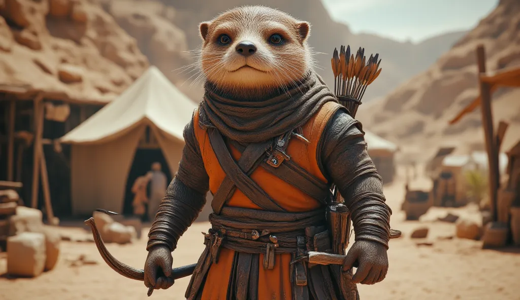 A highly detailed, ultra-realistic illustration of an anthropomorphic otter warrior in a desert landscape. The otter has expressive eyes and fur with realistic texture. It wears a rugged, battle-worn outfit made of leather and fabric, in earthy tones of or...