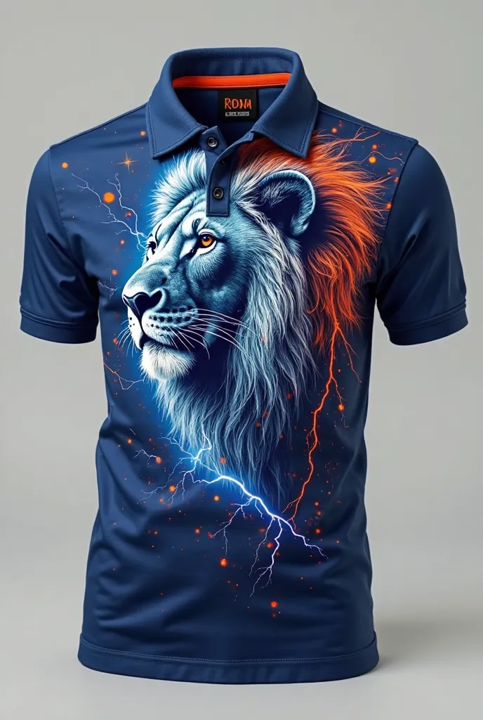 Create a polo shirt with an elegant electric blue and terracotta design with a lion and lightning super cool that this can be possible in a polo shirt with the name embroidered on the top of the little t-shirt