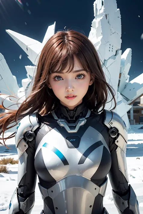 1 girl, Lovely, Ice and Snow World, alone, skinny, wind, Mecha suit, whole body, pretty face, Decorated with intricate patterns and delicate lines, Mecha suit