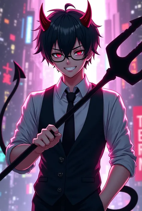 adult boy, wear glasses, 2d anime, wear a white vest and a black tie, in a cyber city, evil, has evil horns, evil tail, smiling, black hair, hold a black trident