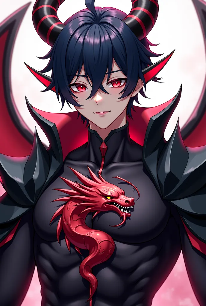 a close up of a person with a dragon on their chest, demon male, human and dragon fusion, demonic dragon inspired armor, human male demon, male anime character, draconic looking armor, by Yang J, black dragon, the former demon king, beautiful male god of d...