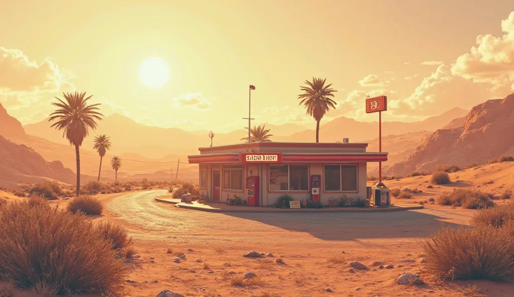 A beautiful gas station between desert 