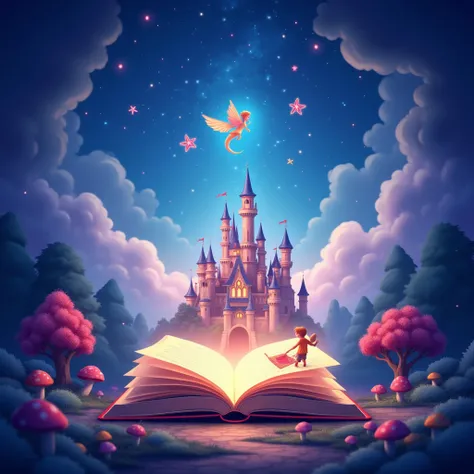 Here's a prompt for the cover of the bottom of your is story channel:  

**"A magical and enchanting scene depicting a story channel is. The background shows a starry sky in soft shades of blue and purple, with soft clouds and magical sparkles.  in the cen...