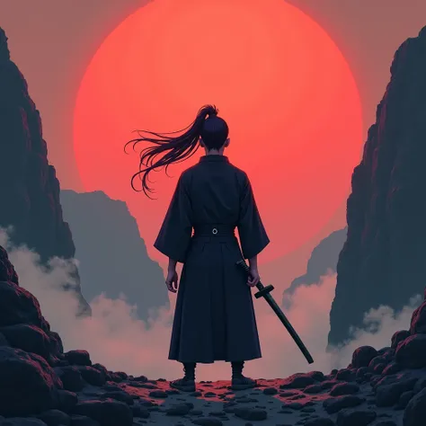 Anime Bakamond、Miyamoto Musashi、Steep mountains filled with fog、a samurai standing on a rocky area of rubble、Samurai hold a sword in a scabbard on their hips, hold the handle with their hands, and wait for time、Samurai sit back and have a low system where ...