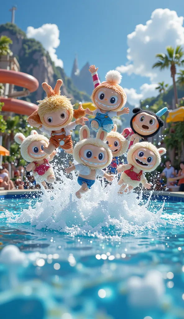 Labubu and friends mid-air, jumping into a giant pool. Water splashes everywhere, and they are laughing in joy. The background features various water slides and a big wave pool.