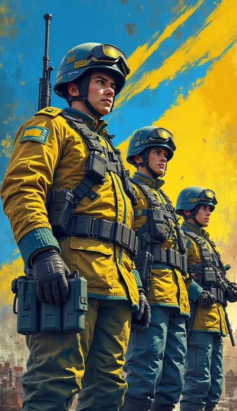 Postcard for the Ukrainian ZSU steel military in yellow and blue art style.