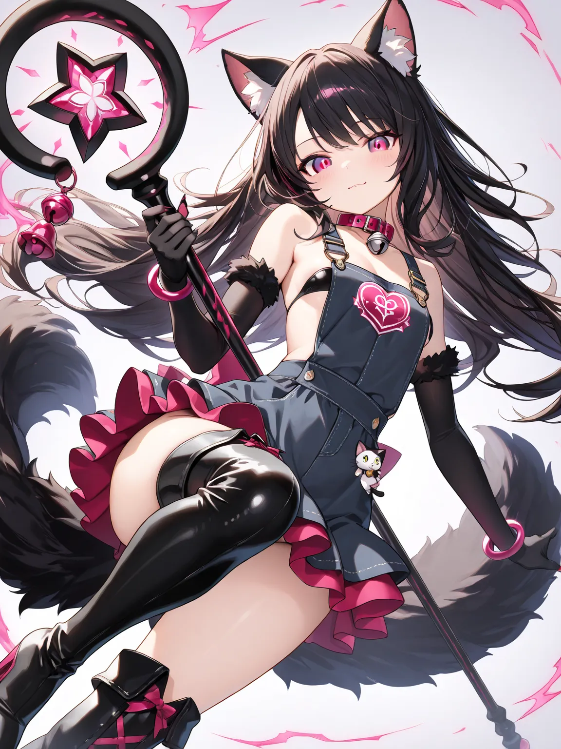 ((masterpiece, best quality, extremely detailed)), 1girl, playful and cute magical girl with a sleek cat-themed outfit. She has cat ears and a fluffy tail, with subtle feline features like slanted eyes and sharp, charming claws. Her outfit is a mix of eleg...