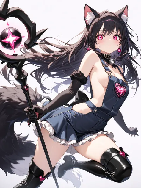 ((masterpiece, best quality, extremely detailed)), 1girl, playful and cute magical girl with a sleek cat-themed outfit. She has cat ears and a fluffy tail, with subtle feline features like slanted eyes and sharp, charming claws. Her outfit is a mix of eleg...