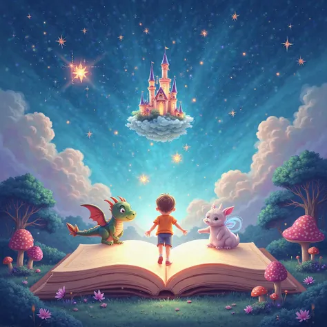 
**"A magical and enchanting scene depicting a story channel is. The background shows a starry sky in soft shades of blue and purple, with soft clouds and magical sparkles.  in the center, a large open book shines, and from it come out fairytale characters...