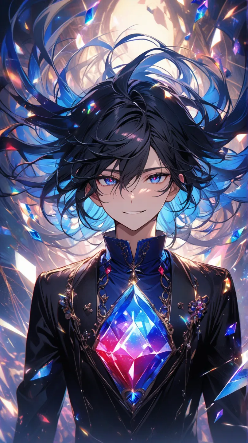 Create a fairy tale cover. The young man stands in the middle of the middle, his hair is black in the middle of the ends, the hair is not very long, the hair is not very long, the eyes are deep, the black jacket inside is a blue shirt that matches the ends...