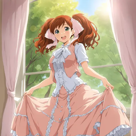 asahina,masterpiece,best quality,good quality,1girl,solo,vest,white blouse,short sleeves,long_dress,pink frilled_skirt,long length skirt,day,indoor,window_,curtains,tree,skirt hold,curtsey,looking_at_viewer,lens_flare,smile,:d,