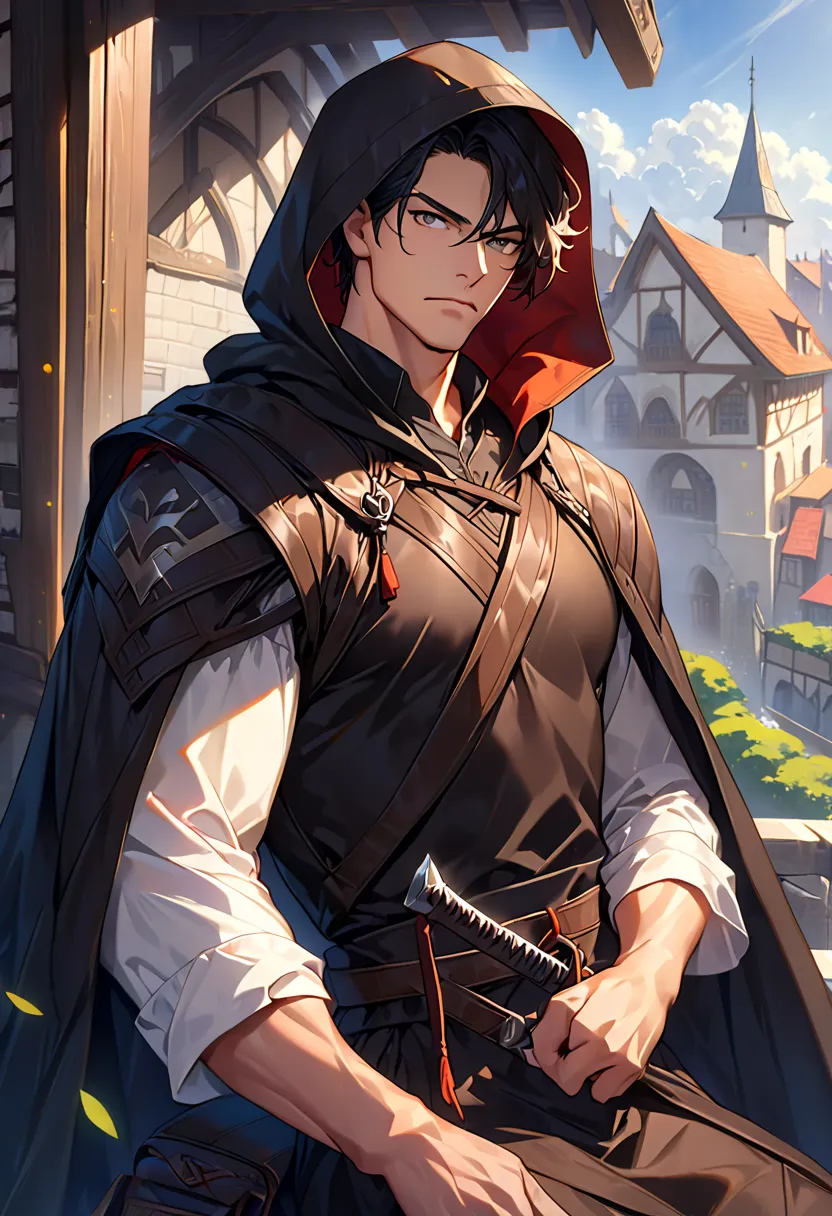 (Absard dress, High Resolution, ultra high definition), 1 male, adult,  handsome, tall muscular face , Broad shoulders, finely drawn eyes, black hair short, brown eyes, Black Cloak,  wear a hood ,  leather vest, Leather bag on waist, Two daggers on the bel...