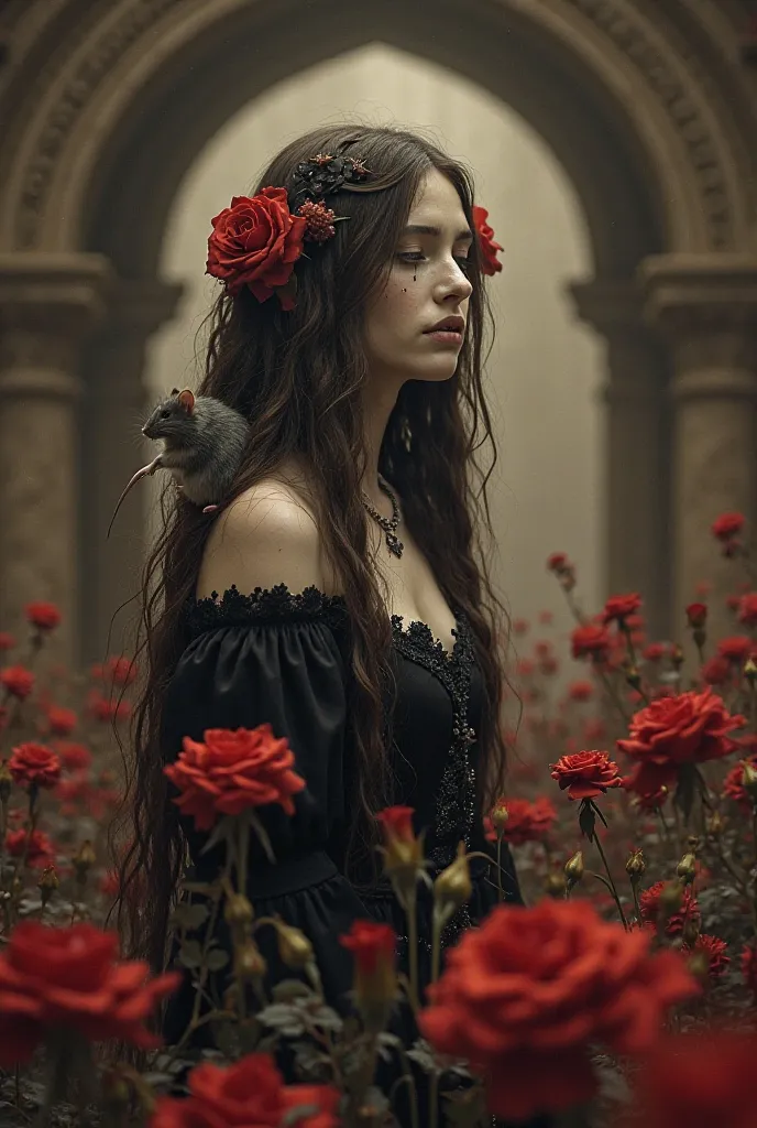 In sepia tones a weeping gothic princess surrounded by deadly flowers, she has long hair with roses weaved through it. There is an archway behind her and she has a rat on her shoulder. 