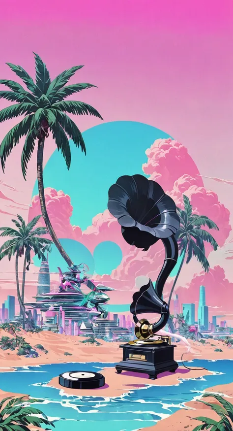 (vaporwave grotesque aesthetic:1.8),High saturation color,David bust head and body separated, Double contact, Commodity Ocean News,High saturation color,futuristic city, english books， fantasy, , desert, ocean,Close-up of High quality gramophone,coconut tr...