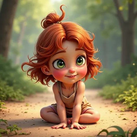 Jeune Enfant Bébé  fillette toute mignonne souriante, assise par terre, cheveux ondulés attachés avec une couette au dessus de la tête, longueur aux épaules, reflets roux et yeux verts, façon Pixar , fond  féerique flouté Résolution Haute,
