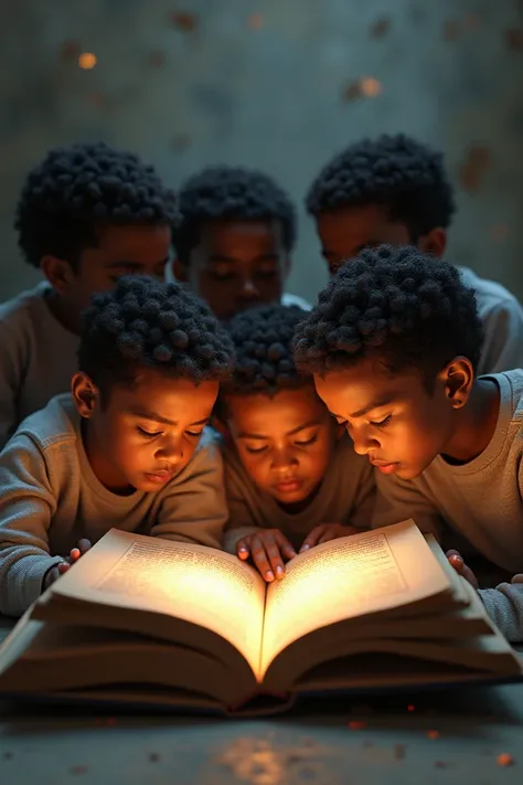 Create 3 boys and 2  girls, with a book illuminated inside and reading while suffering, 3D type image,  mulatto skin