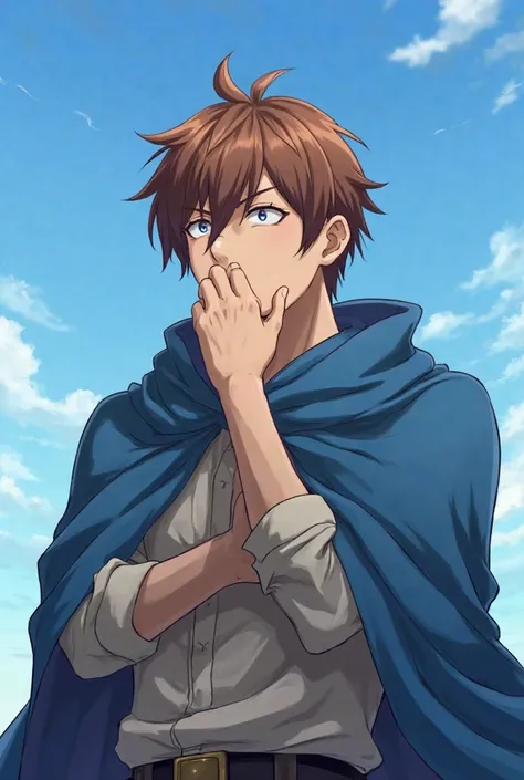  Anime style. Anime 25 year old muscular guy with brown hair. It's against the blue sky. He covers his mouth with his hand and yawns because he's bored. The guy is wearing a blue magic cloak, the guy is bored