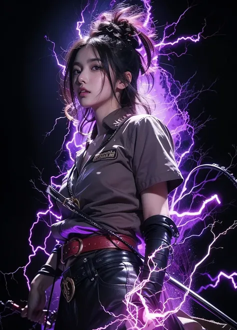 Transform this anime-style image into a realistic live action version. Focus on the character's spiky black hair, red eyes, and outfit, including the high-collared shirt and purple rope belt. Incorporate the dramatic purple lightning background for an inte...