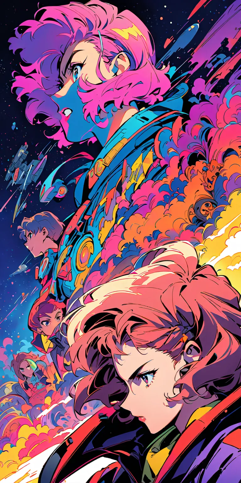 Japanese Anime poster,Cowboy Bebop Faye,portraits,illustration,neon lights,vibrant colors,intense gaze,gritty atmosphere,detailed background,space motif,action-packed scene,strong female lead,futuristic setting,captivating storytelling,laid-back attitude