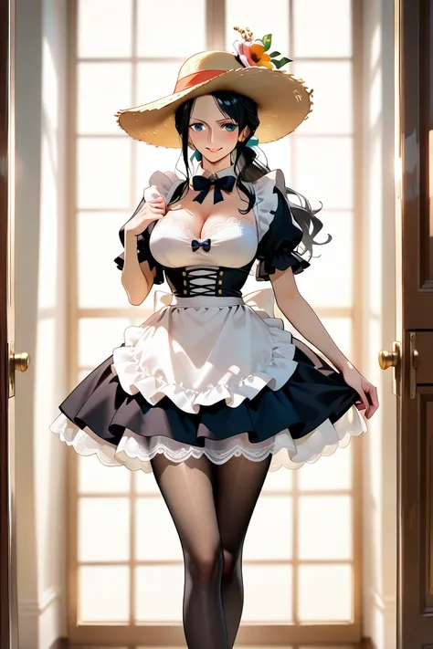  Nico Robin, One Piece,  maid costume,  White lace tights , elegant look, makes an elegant bow