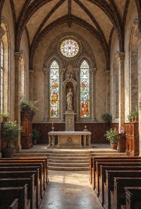 old church layout for baptistery. altar has 2 stained glass windows along a statue or bas relief of either st. john the baptist or the virgin mother and . the altar must have a celebrant's chair, paschal candle, lectern, storage unit and the center should ...