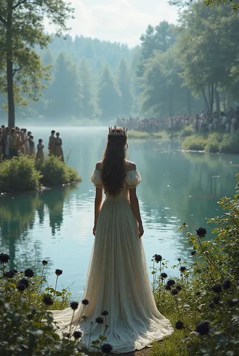 Realistic image of A lake with a princess standing on one side and the common people standing on the back of her little far away to her and on the other side of the lake there are  black roses