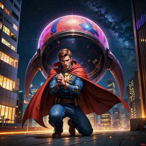 realistic, Highest quality, 2k, masterpiece, Ultra Detailed ,  Photo Impressive, Studio Lighting, Gloss, Clear Focus, Biologics-based Rendering, professional , vivid color, Bokeh, On the roof of a building in a futuristic city at night、The hero wearing a c...