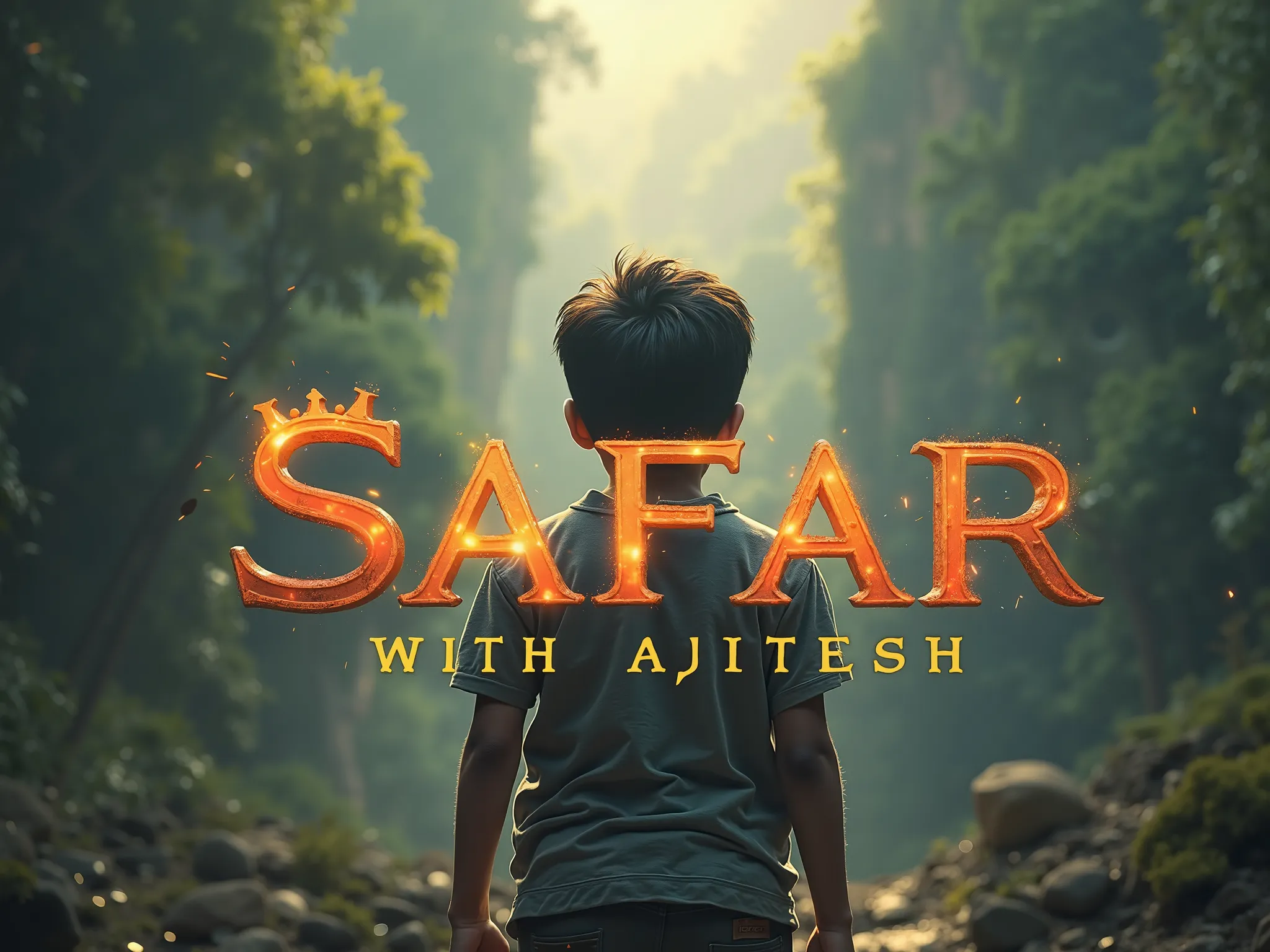 Create cover photo for my youtube channel name safar with Ajitesh and in this photo add channel name in. In the photo boy always show back face