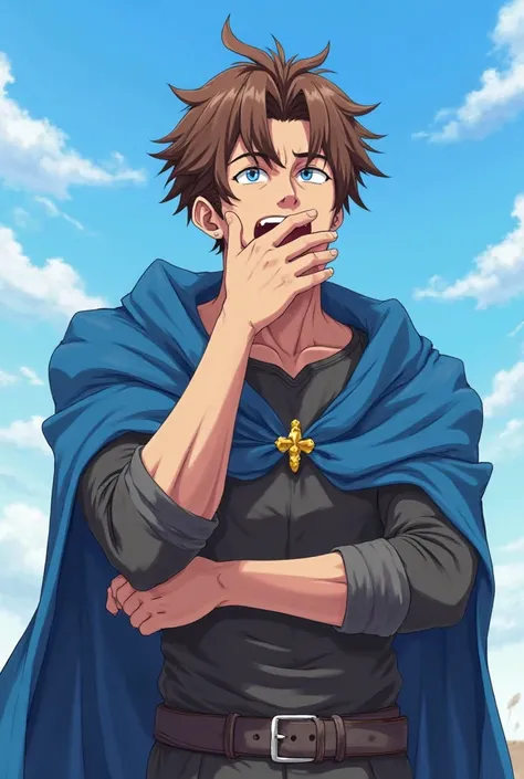  Anime style. Anime 25 year old muscular guy with brown hair. It's against the blue sky. He covers his mouth with his hand and yawns because he's bored. The guy is wearing a blue magic cloak, the guy is bored