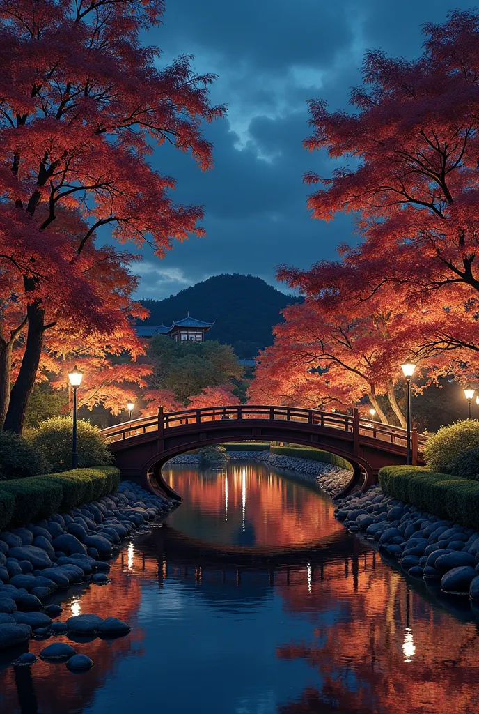 a view of a bridge over a pond in a park at night, a picture by Tadashi Nakayama, pexels, sōsaku hanga, autumn night, Kyoto japan setting, autumn lights colors, ❤🔥🍄🌪, japan at night, Vivid!!, heroine japan Vivid landscape, autumn lights, beautiful image, !...