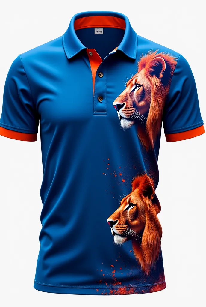 Create a design for embroidered polo shirt 100% where the predominant color is electric blue and terracotta, put a lion on the bottom of the shirt and the name on the top take into account that the t-shirt must represent elegance, decision and attract atte...