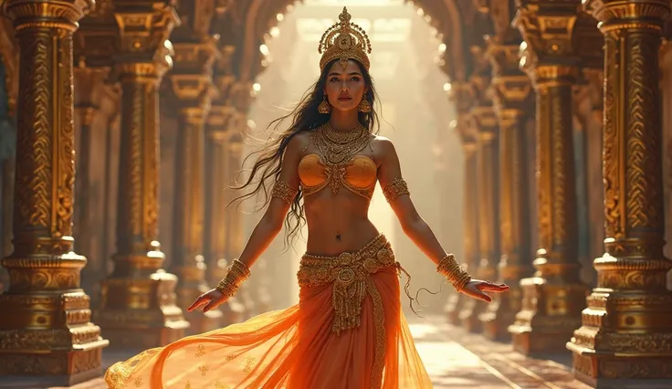 A hot india goddess wearing nude golden jewellery standing in royal hall hands in a dancing pose