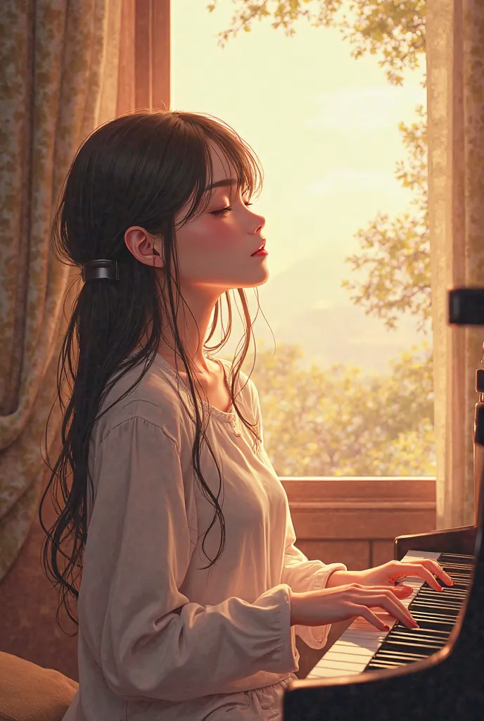 Anime style woman listening to music near the window