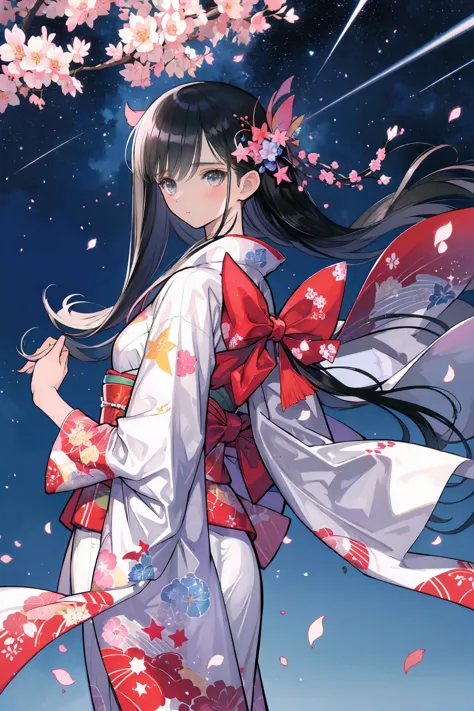 1 girl, distant girl wearing a kimono staring at the star, (zoomed out:1.1), (流star群:1.2), (彗star:1.1), your name,  low angle, from behind,  auroras, Shooting Stars, yukata,  red kimono, cherry blossoms,  standing in a field,Highest quality, masterpiece,  ...