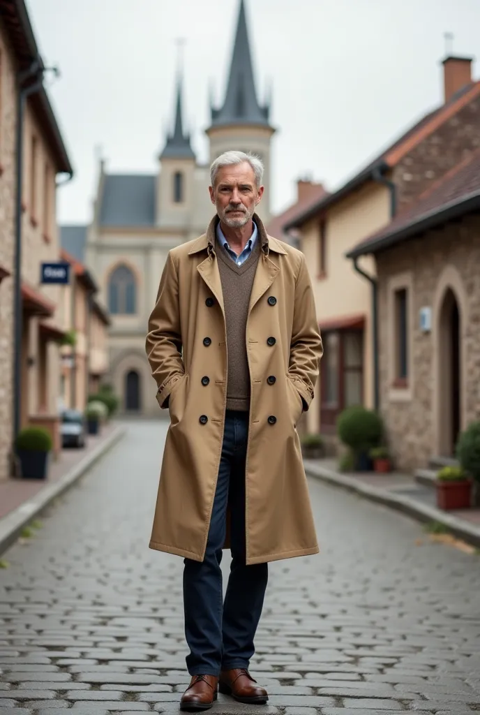 An ultra-realistic photographic image of a middle-aged man, handsome and well preserved,  without a beard, slightly crimped hair , tall and slim build, appears full-length wearing a beige trench coat and brown shoes and sweater, can be seen on a street in ...