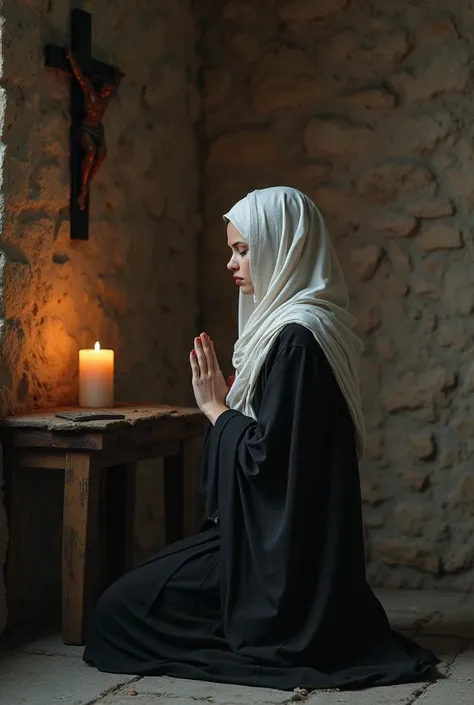 Generate the image of a woman wearing black clothing, white veil over your head praying inside a room, The walls are made of stone, There's a candle on a table and a crucifix on the wall