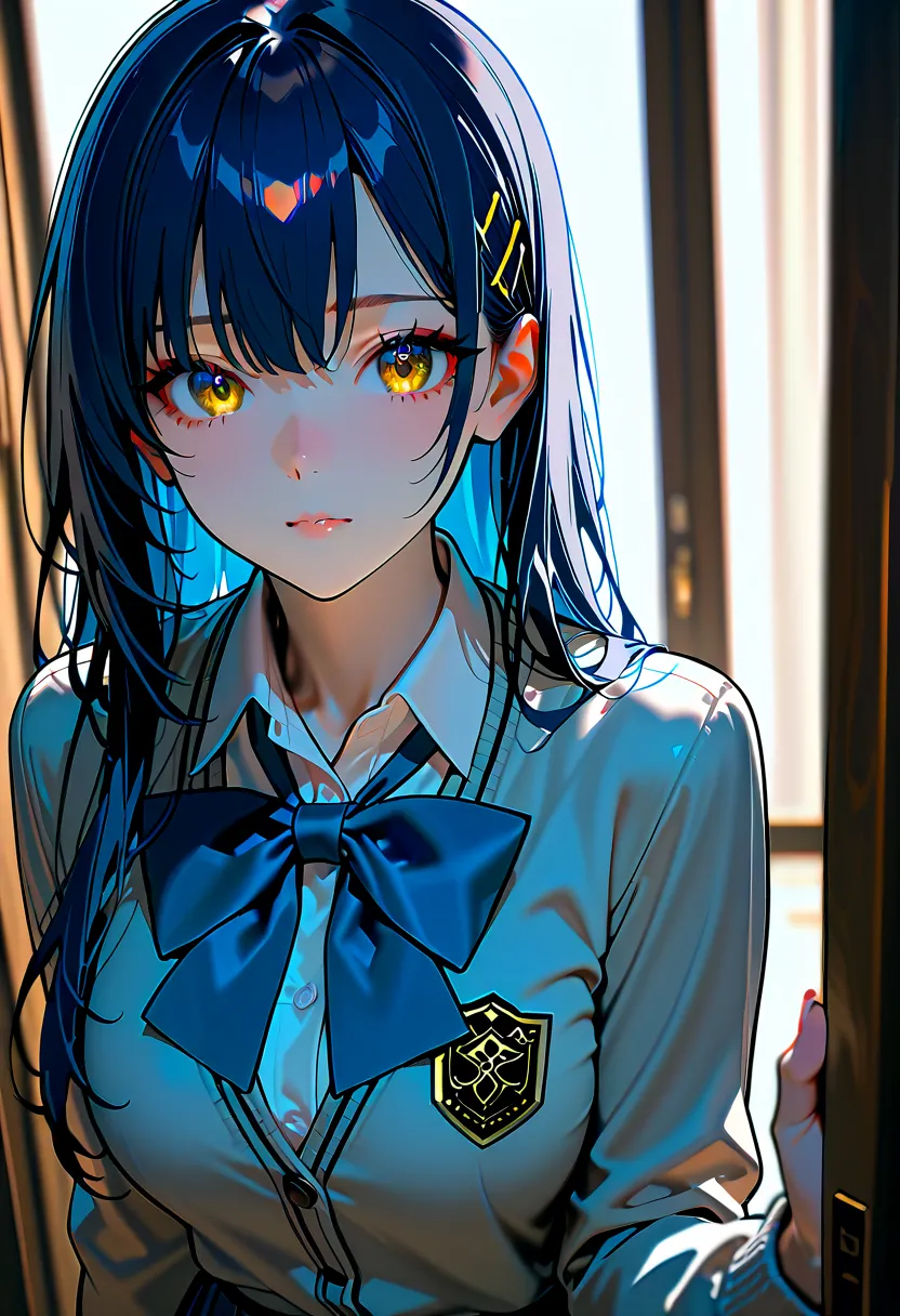 1 woman, with beautiful long hair, dark blue hair, golden eyes, wearing a light blue Academian school uniform.