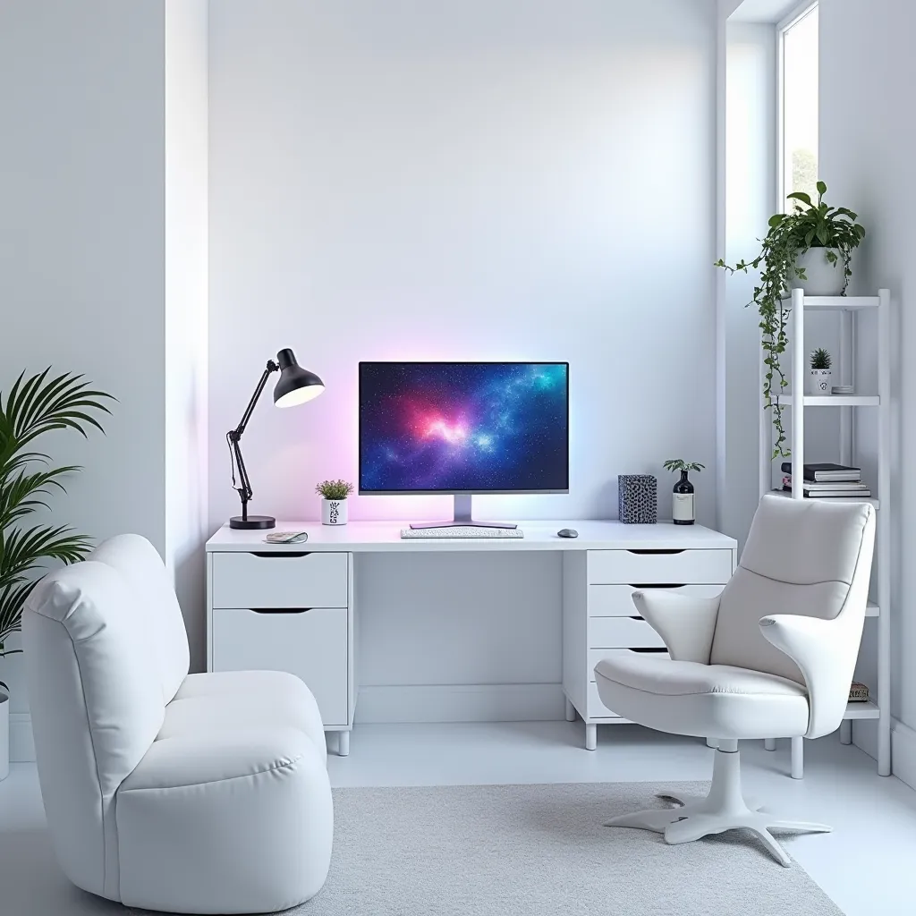 "A modern and sleek all-white gamer setup, featuring a 50-inch monitor as the centerpiece. The room is spacious and well-lit, with white walls, white furniture, and minimalist decor. The monitor stands out, displaying a vibrant game. The desk is organized,...