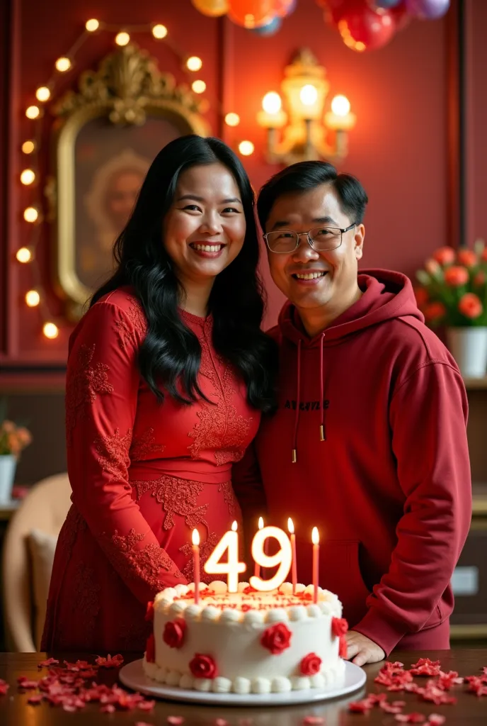 In the photo, a 49 year old adult woman, long hair, wearing a red kebaya and red shoes, is standing holding a birthday cake on which is the number 49 and the words "happy birthday Sofie". standing next to him was a man wearing a hoodie sweater and shoes, t...