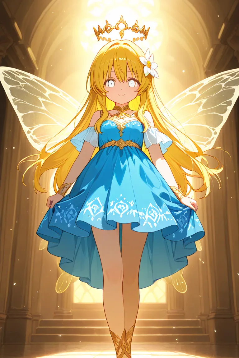  yellow hair, long hair, white eyes, Fairy wings,  blue clothes,  dressed ,