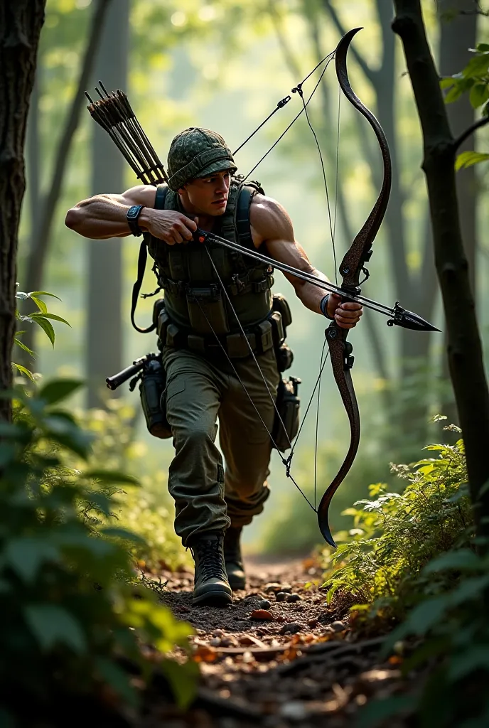 A rugged hunter in camouflage gear, holding a bow and arrow, stalking through the forest with a focused expression, blending into the background of trees and foliage.