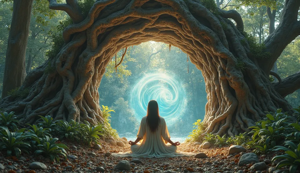  In the heart of an ancient forest , a woman sits in meditation before a portal formed by immense and intertwined roots. No centro do portal, a vortex of blue and gold light rotates gently, showing fragments of unknown worlds. She wears long, flowing cloth...