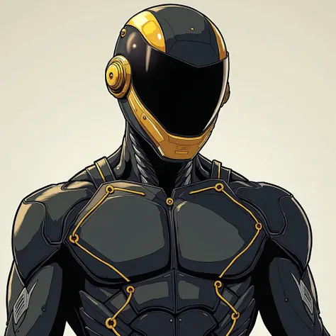 a man,  ager, In a black cloth suit, thin, con lineas y detalles dorados Shinentes, motorcyclist-style helmet in black glass and gold frame, Futuristic armor parts, Shine,  Animated comic style. 