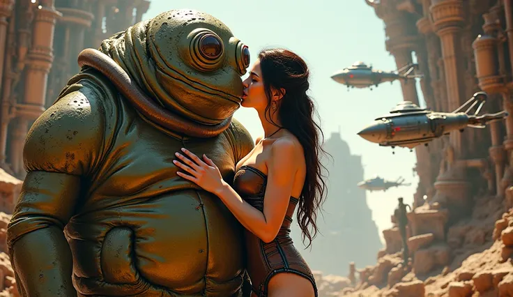 Jabba Hutt hugs a sexy realistic steampunk girl in cylindrical hats and a transparent corset wearing futuristic glasses. Against the background of the steampunk building, steampunk flying ships, day