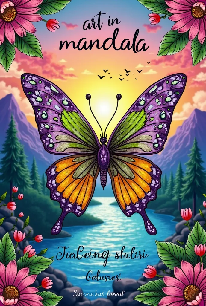 Images of horizontally shaped book covers of mandalas to color colored images in the center an abstract butterfly that unfolds that expresses precious freedom in shades of lilac, yellow, green, blue painted with colored pencils.; And bookmark ;The backgrou...