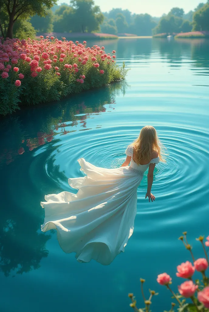 Realistic image of A lake with a princess Swimming in lake and on the other side of the lake there are  black roses
